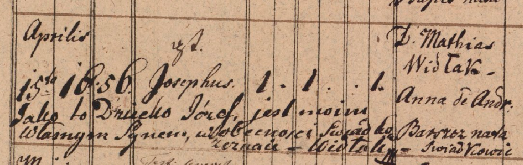 Josephus Widłak birth record. April 15, 1833
